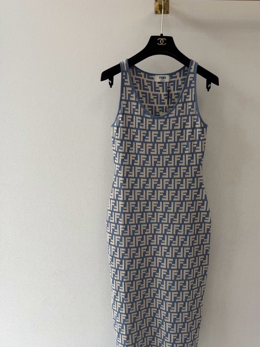 Fendi Cream and Blue FF Logo Midi Tank Dress